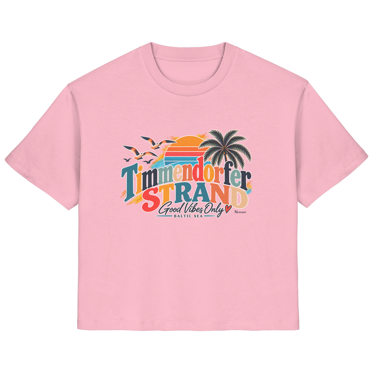 Damen-T-Shirt in Cotton Pink mit Timmendorfer-Strand-Good-Vibes-Only-Frontprint, originales Shirtigo-Produktmockup.