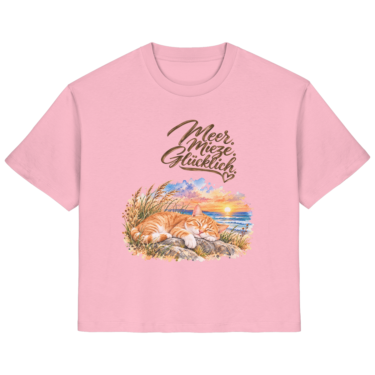 Original-Mockup: Damen-Bio-T-Shirt in Cotton Pink mit Meer. Mieze. Glücklich.-Katzenmotiv auf der Vorderseite.