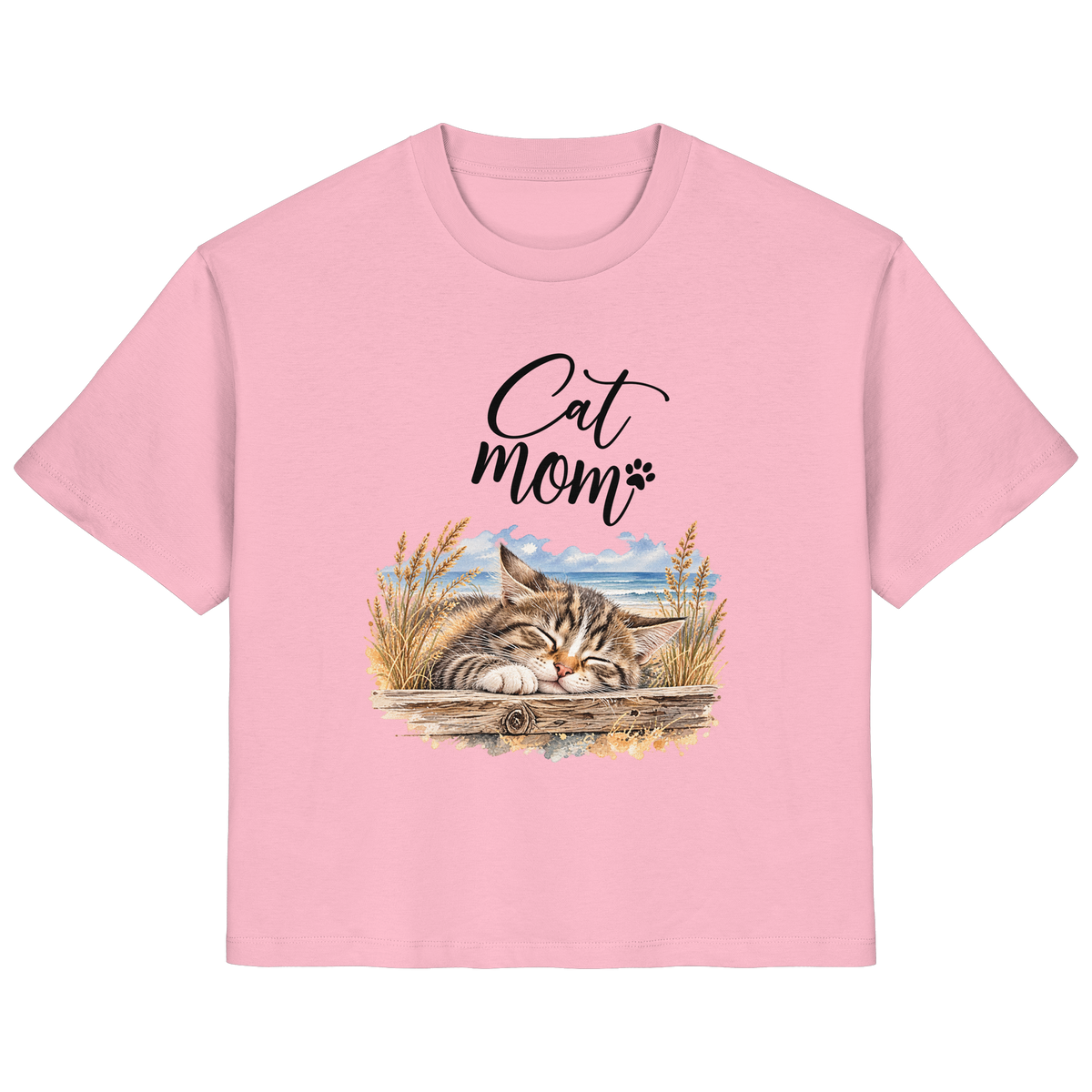 Damen Bio-T-Shirt in Cotton Pink mit Cat-Mom-Katzenmotiv als Frontprint – Vorderansicht im Original-Mockup.