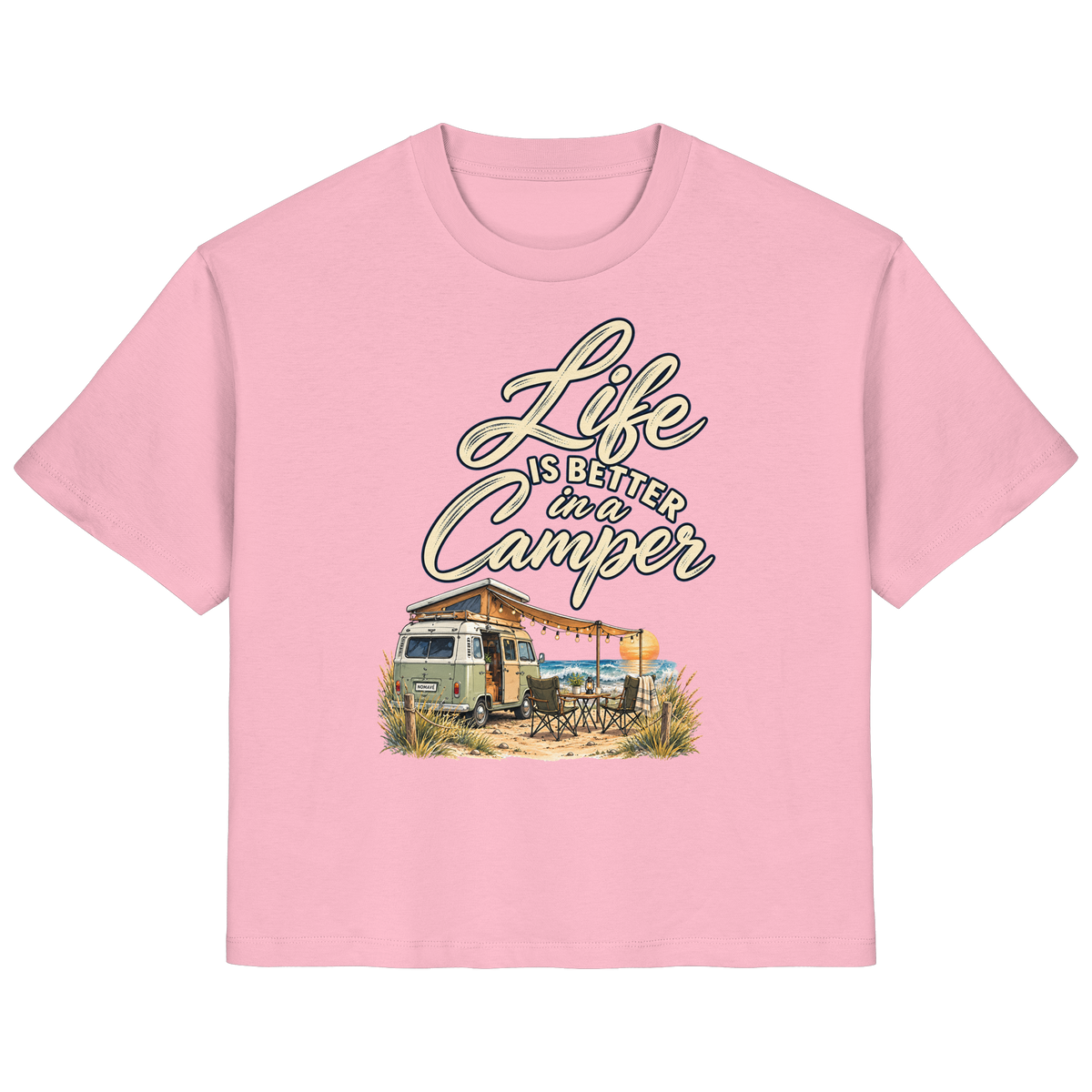 Damen Bio Shirt in Cotton Pink mit „Life is better in a Camper“-Motiv – Vorderansicht für Vanlife- und Campingfans