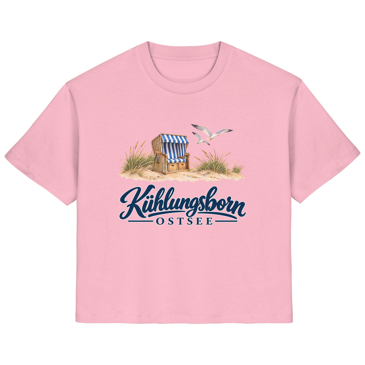 Damen Bio-T-Shirt Kühlungsborn – Strandkorb & Ostsee in Cotton Pink, Shirtigo-Originalmockup der Vorderseite mit Strandkorbmotiv.