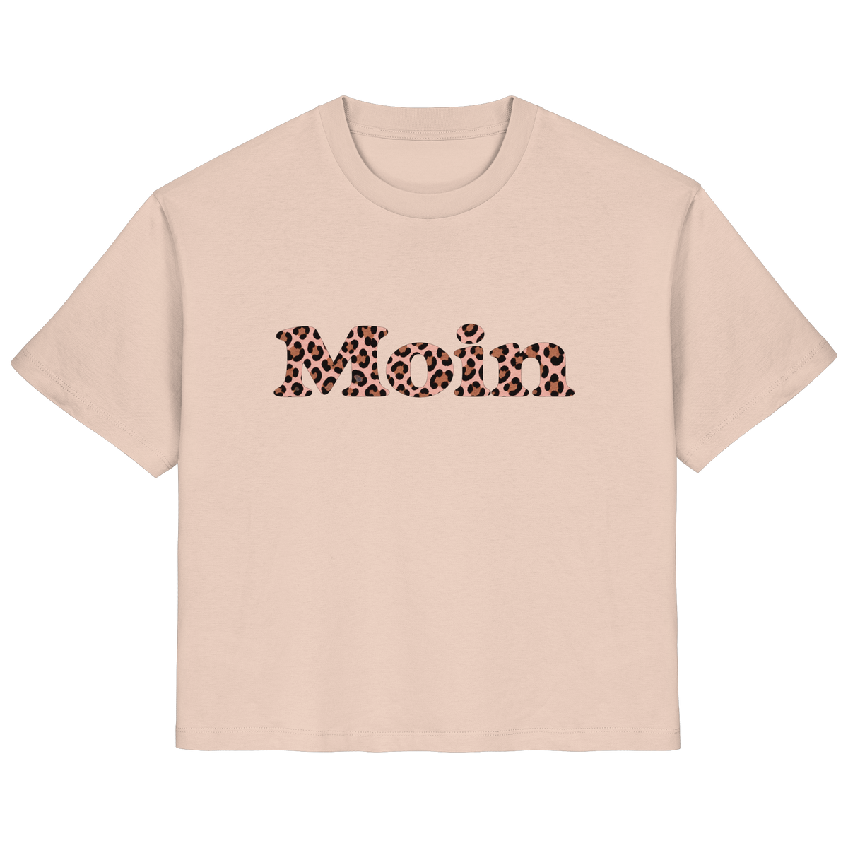 Damen-Bio-T-Shirt in Fraiche Peche mit Moin-Leo-Blush-Pink-Motiv auf der Vorderseite.