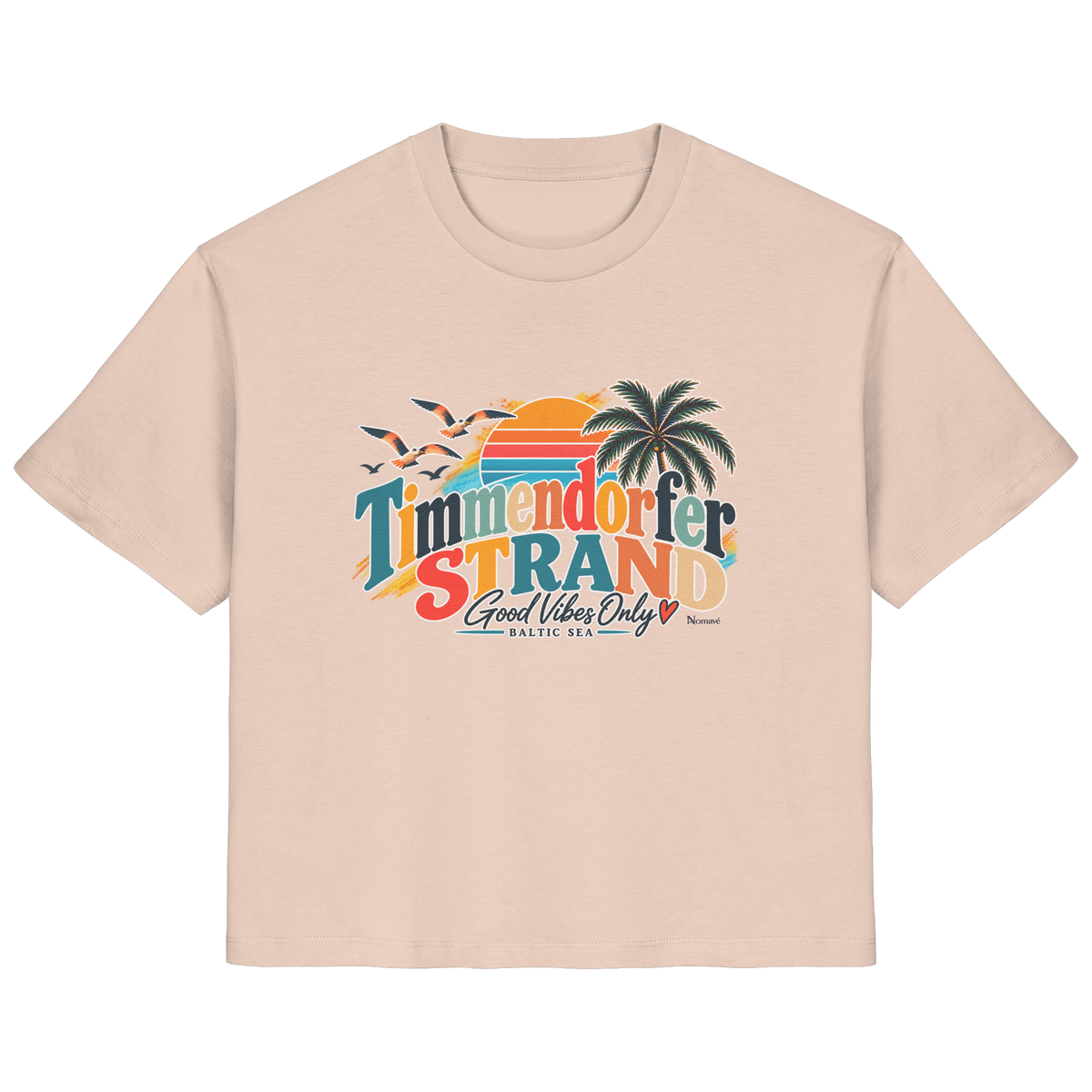 Damen-T-Shirt in Fraiche Peche mit Timmendorfer-Strand-Good-Vibes-Only-Frontprint, originales Shirtigo-Produktmockup.