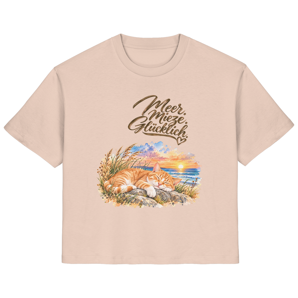 Original-Mockup: Damen-Bio-T-Shirt in Fraiche Peche mit Meer. Mieze. Glücklich.-Katzenmotiv auf der Vorderseite.