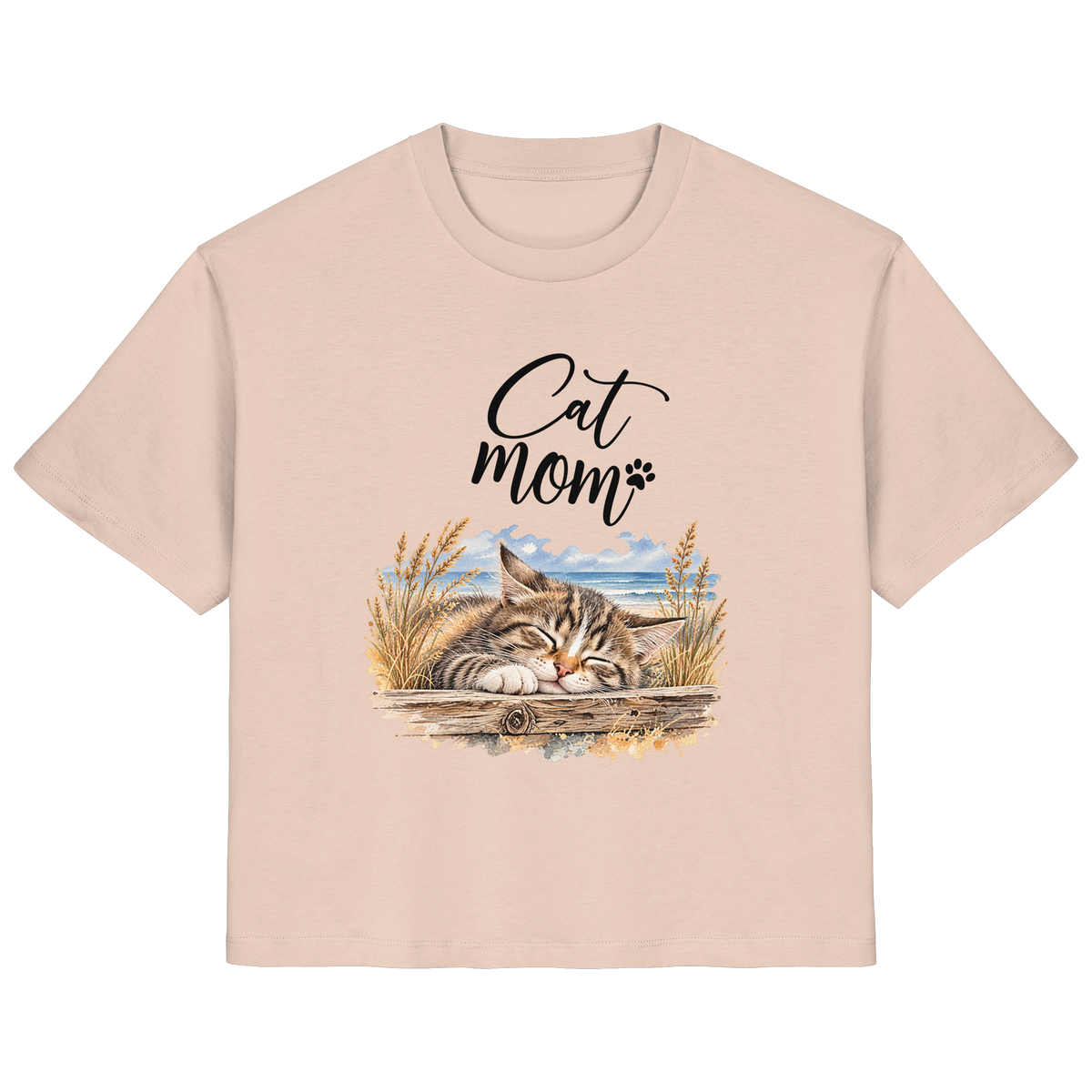 Damen Bio-T-Shirt in Fraiche Peche mit Cat-Mom-Katzenmotiv als Frontprint – Vorderansicht im Original-Mockup.