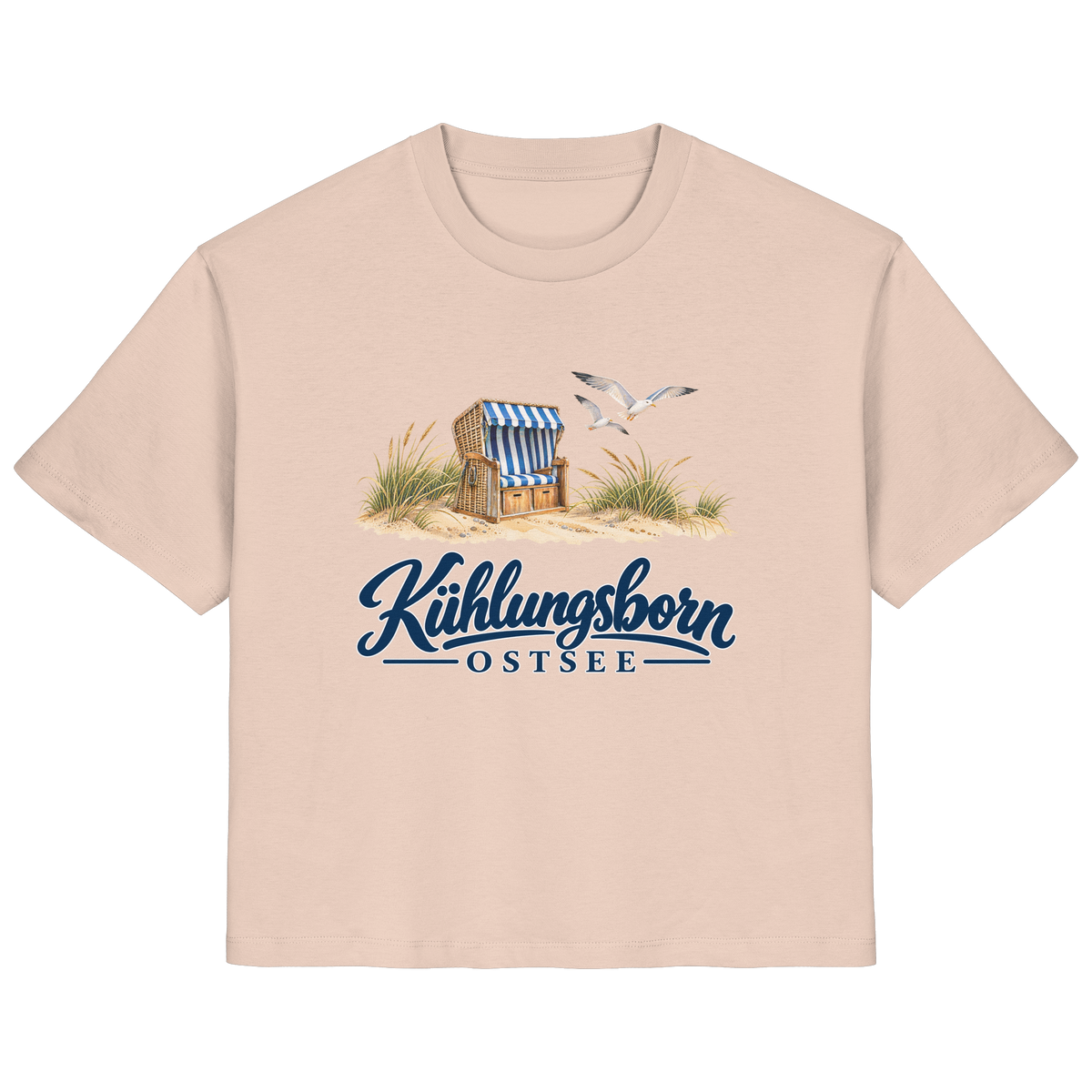 Damen Bio-T-Shirt Kühlungsborn – Strandkorb & Ostsee in Fraiche Peche, Shirtigo-Originalmockup der Vorderseite mit Strandkorbmotiv.