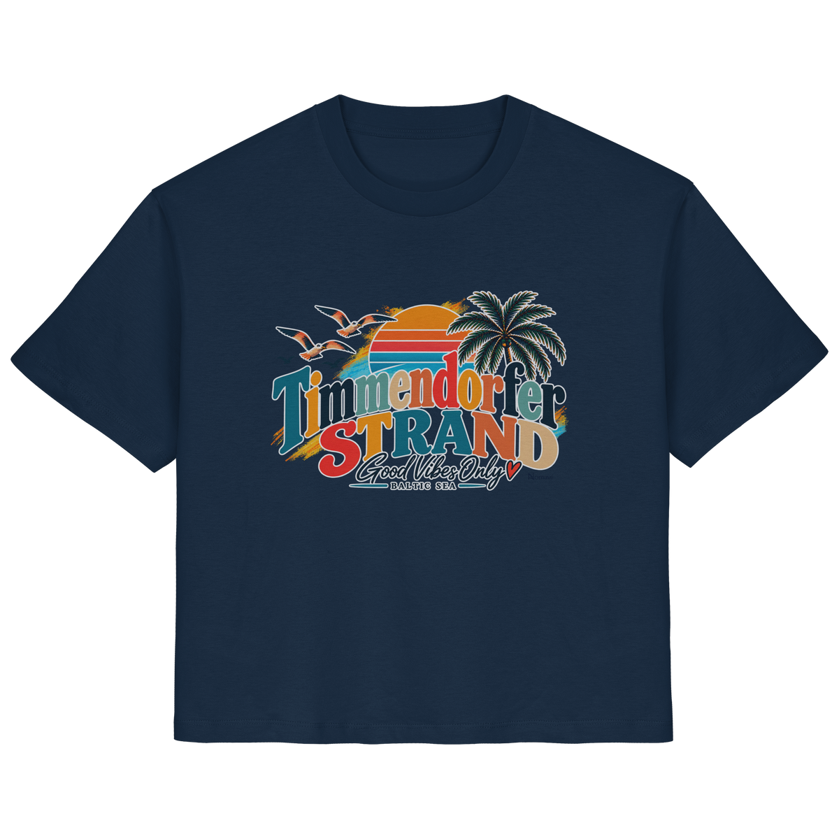 Damen-T-Shirt in French Navy mit Timmendorfer-Strand-Good-Vibes-Only-Frontprint, originales Shirtigo-Produktmockup.