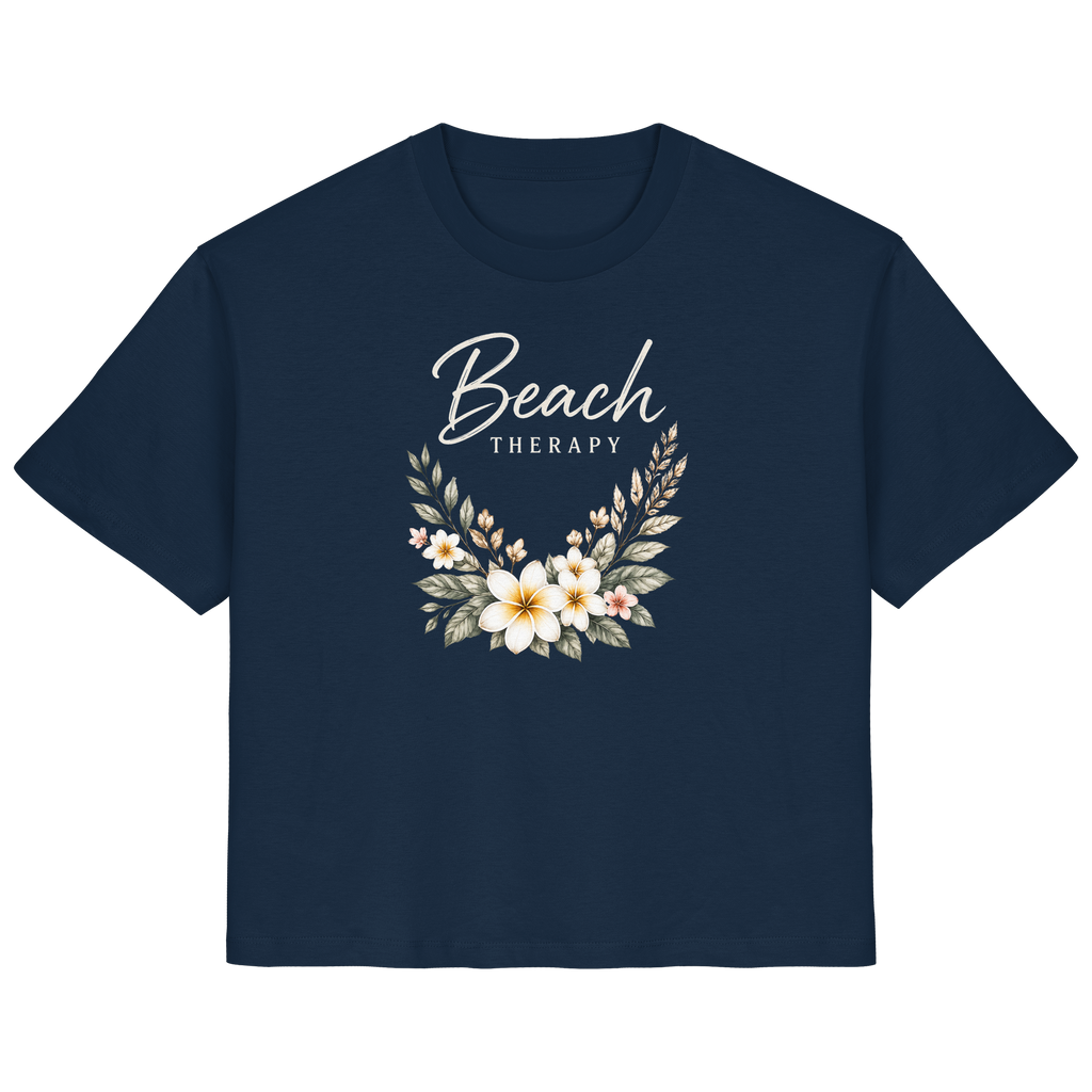 Damen Bio-T-Shirt, dunkel Beach Therapy in French Navy mit floralem Frontprint – Original-Produktmockup.
