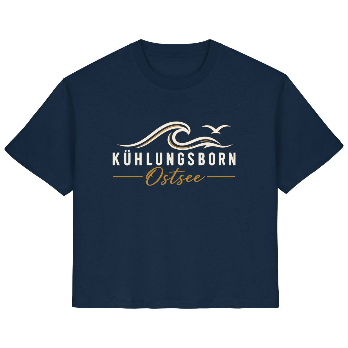 Shirtigo-Originalmockup: Damen Bio-T-Shirt Kühlungsborn Baltic Waves, Dark Edition, French Navy, Vorderansicht mit Motiv.