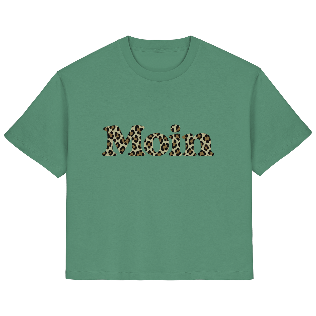 Damen Bio T-Shirt in Green Bay mit Moin-Leoprint in Sage Green auf der Vorderseite, Original-Mockup.