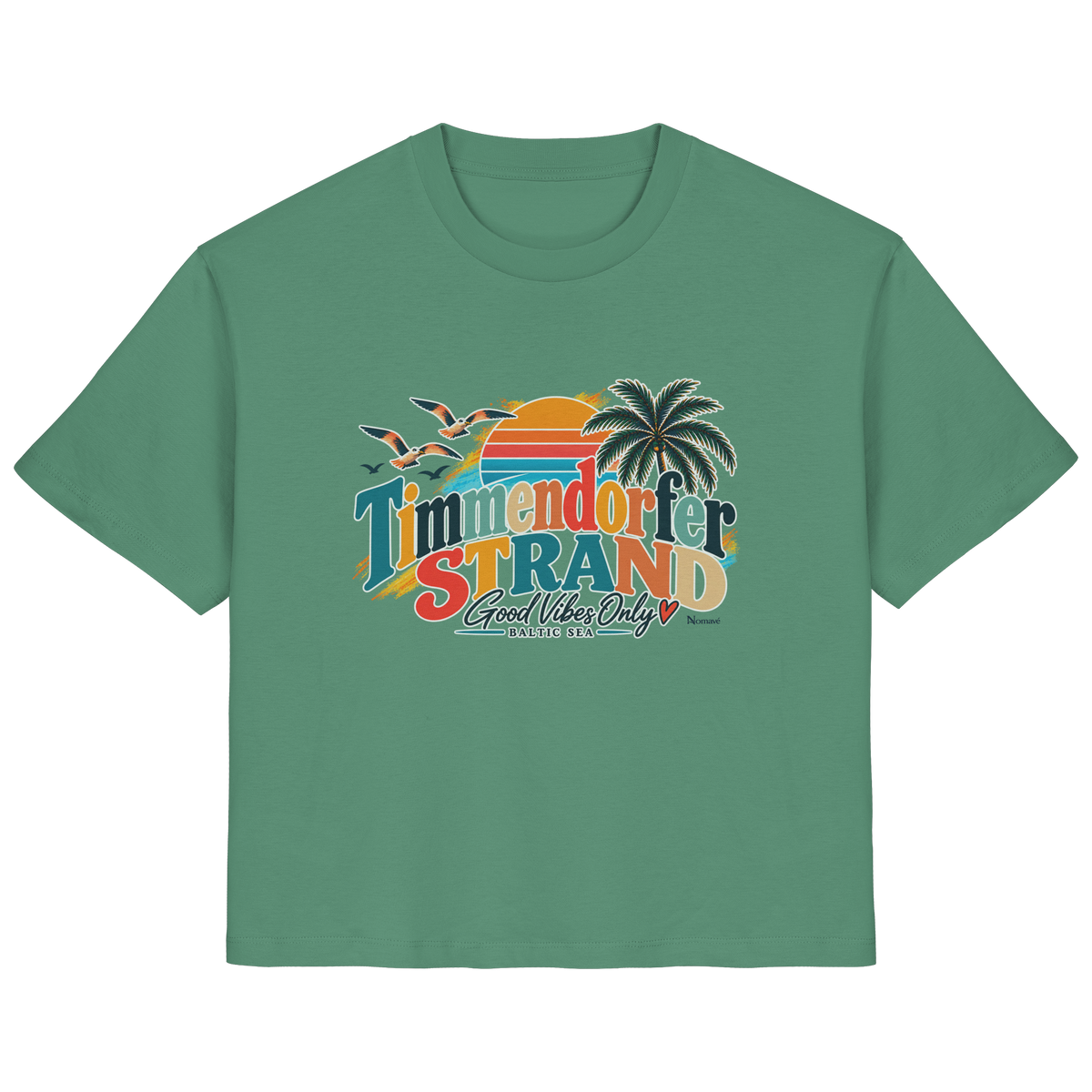 Damen-T-Shirt in Green Bay mit Timmendorfer-Strand-Good-Vibes-Only-Frontprint, originales Shirtigo-Produktmockup.