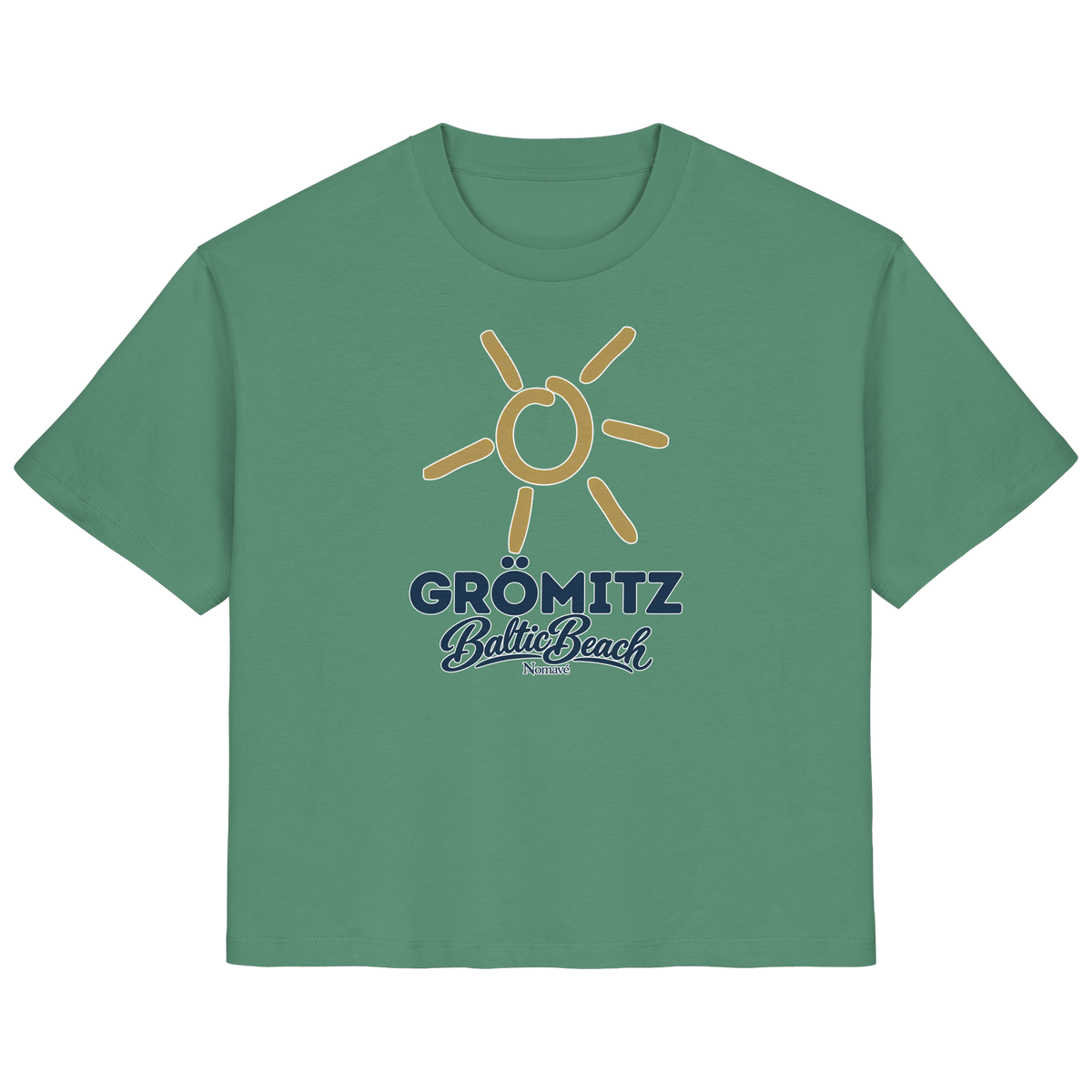 Damen Bio T-Shirt Grömitz Sonne Baltic Beach in Green Bay – Frontdruck mit goldener Sonne, Shirtigo-Originalmockup 5
