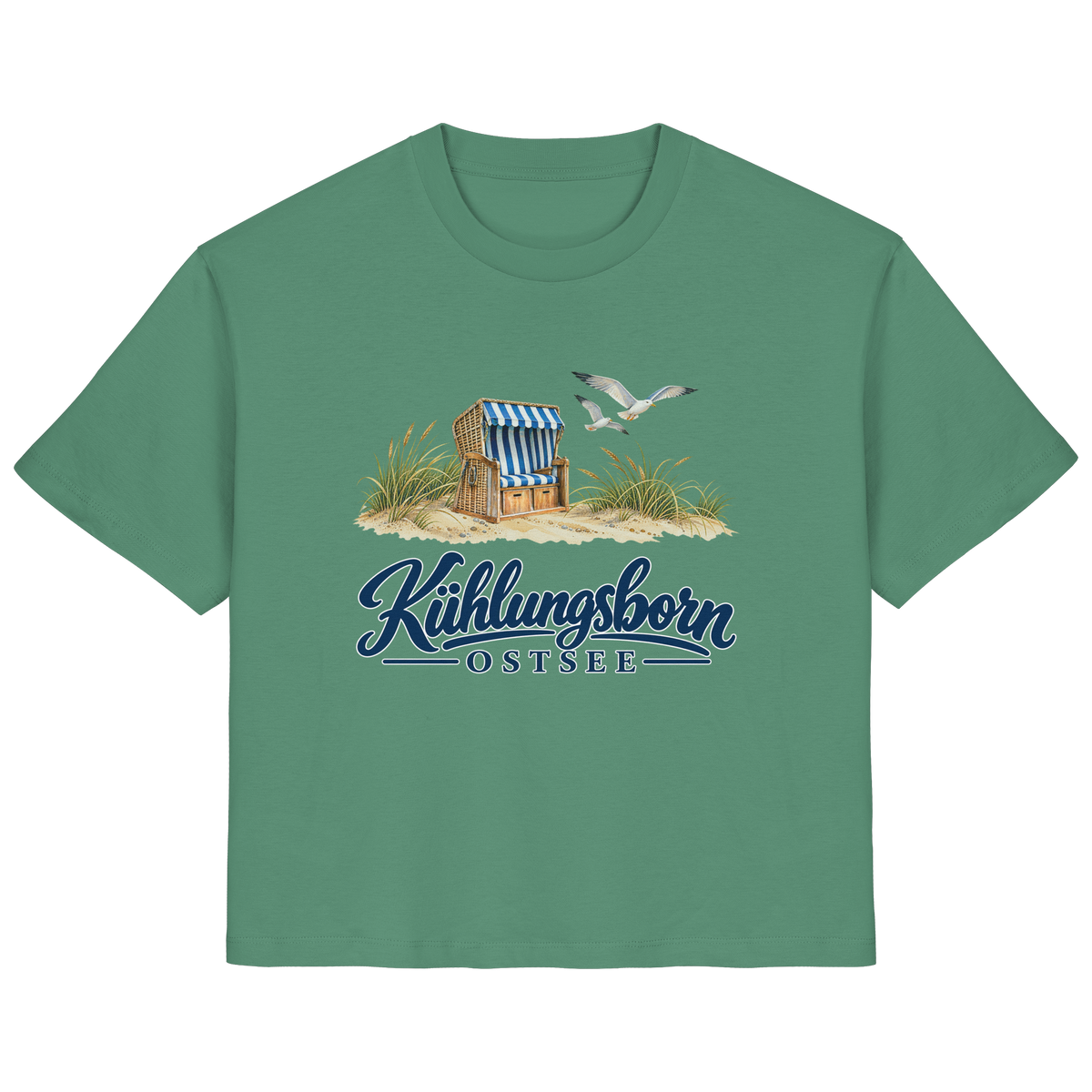 Damen Bio-T-Shirt Kühlungsborn – Strandkorb & Ostsee in Green Bay, Shirtigo-Originalmockup der Vorderseite mit Strandkorbmotiv.