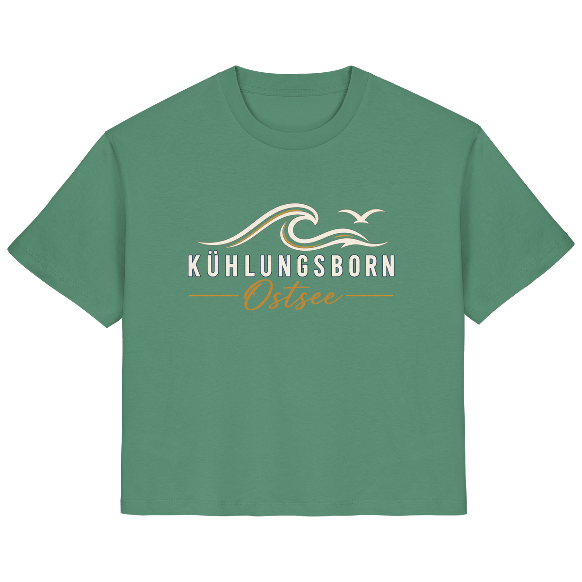 Shirtigo-Originalmockup: Damen Bio-T-Shirt Kühlungsborn Baltic Waves, Dark Edition, Green Bay, Vorderansicht mit Motiv.