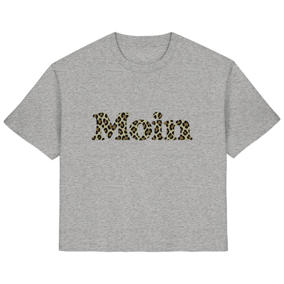 Damen Bio T-Shirt in Heather Grey mit Moin-Leoprint in Sage Green auf der Vorderseite, Original-Mockup.