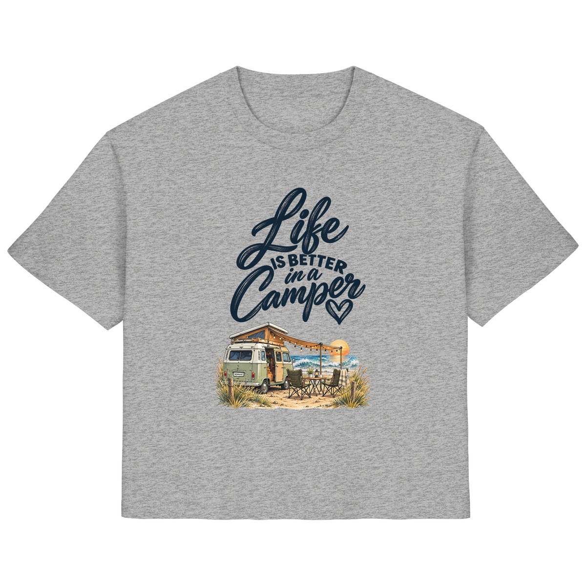 Damen Bio Shirt mit „Life is better in a Camper“-Motiv – Vorderansicht in Heather Grey für Vanlife- und Campingfans