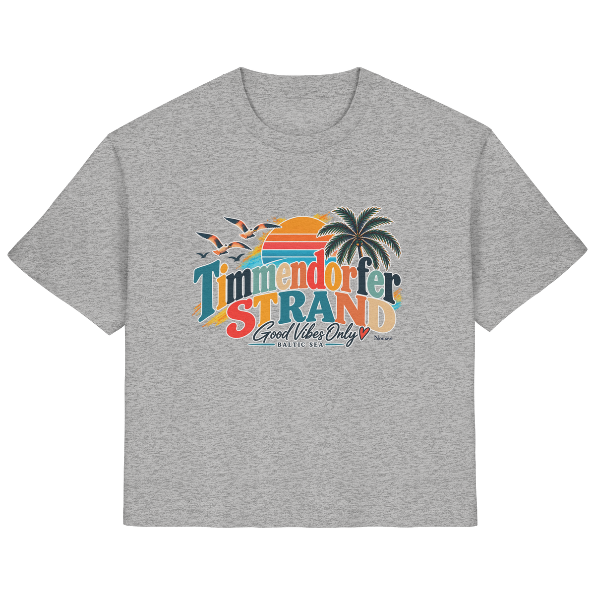 Damen-T-Shirt in Heather Grey mit Timmendorfer-Strand-Good-Vibes-Only-Frontprint, originales Shirtigo-Produktmockup.