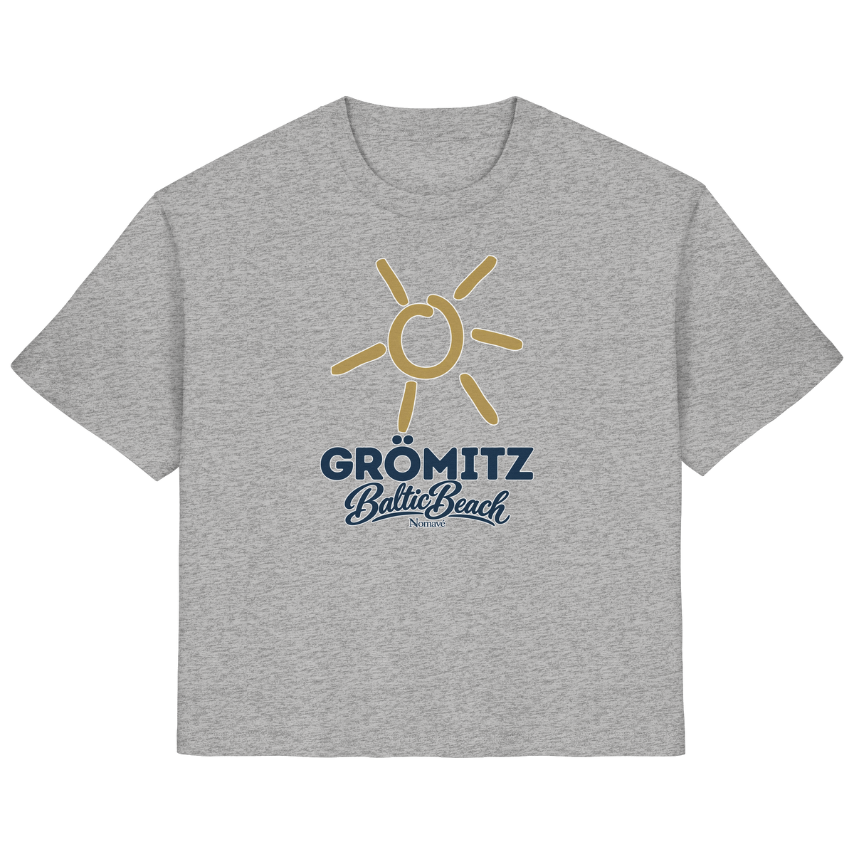 Damen Bio T-Shirt Grömitz Sonne Baltic Beach in Heather Grey – Frontdruck mit goldener Sonne, Shirtigo-Originalmockup 3