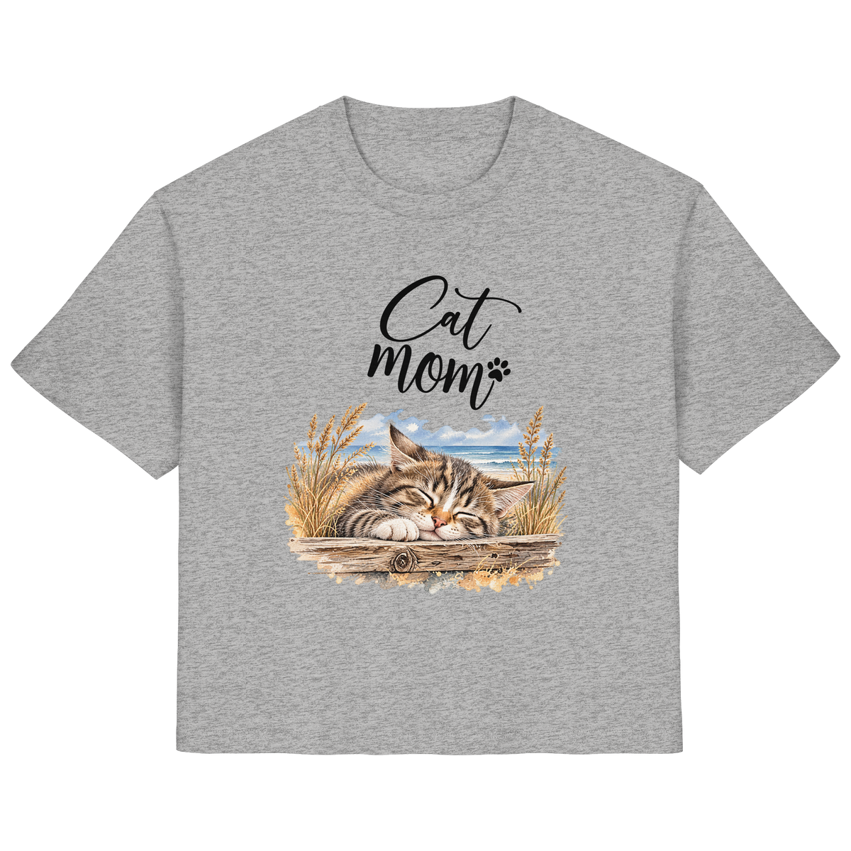 Damen Bio-T-Shirt in Heather Grey mit Cat-Mom-Katzenmotiv als Frontprint – Vorderansicht im Original-Mockup.