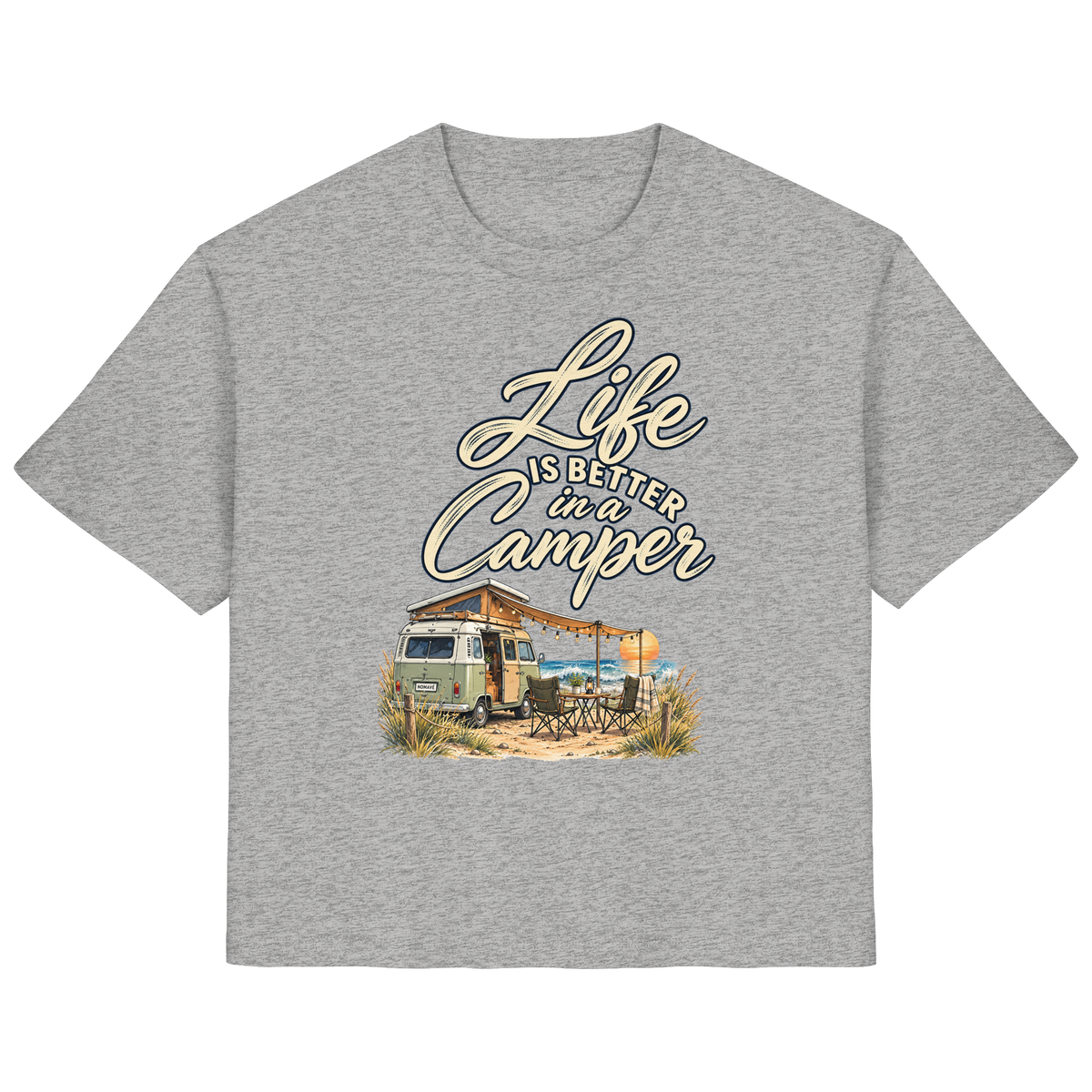 Damen Bio Shirt in Heather Grey mit „Life is better in a Camper“-Motiv – Vorderansicht für Vanlife- und Campingfans