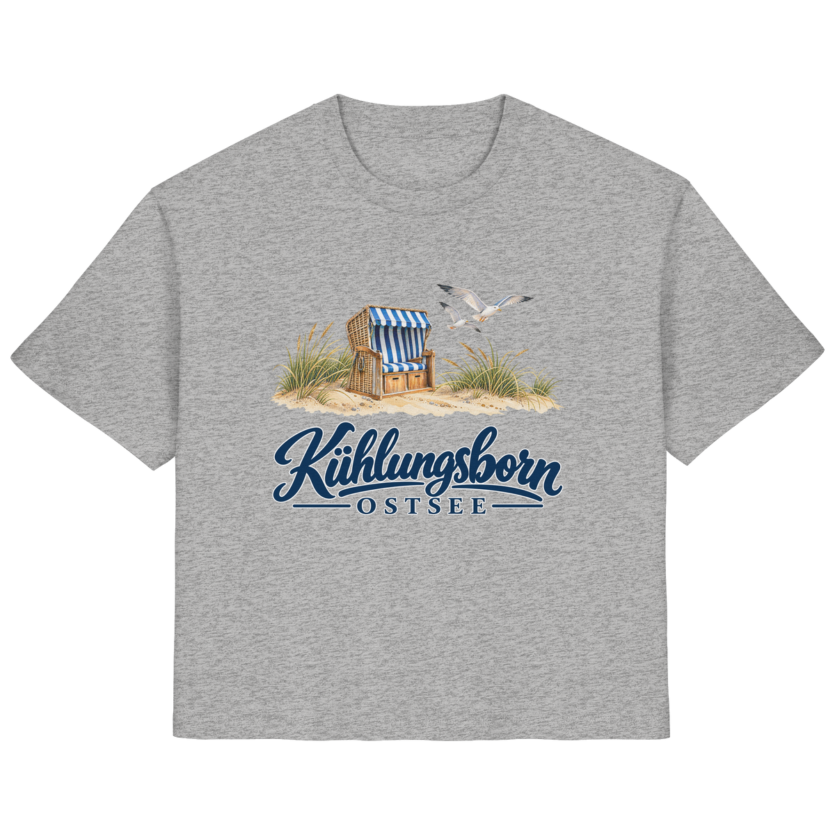 Damen Bio-T-Shirt Kühlungsborn – Strandkorb & Ostsee in Heather Grey, Shirtigo-Originalmockup der Vorderseite mit Strandkorbmotiv.