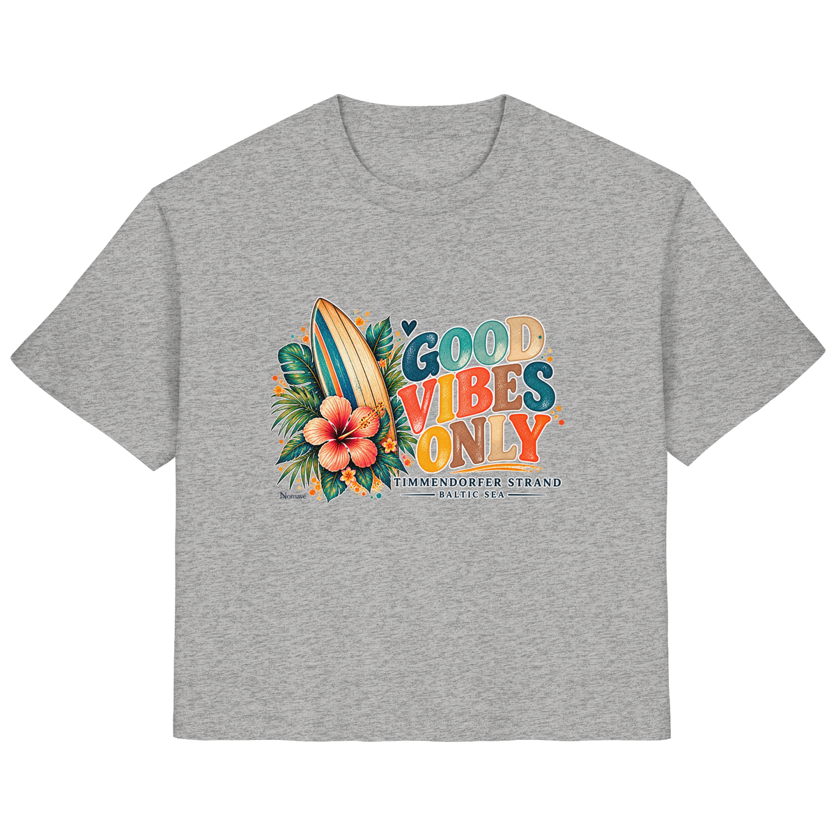 Timmendorfer Strand – Surf Vibes – Damen Bio-T-Shirt mit Frontprint in Heather Grey – Katalog-Vorderansicht mit Surfboard, Hibiskus und Good-Vibes-Only-Frontprint.