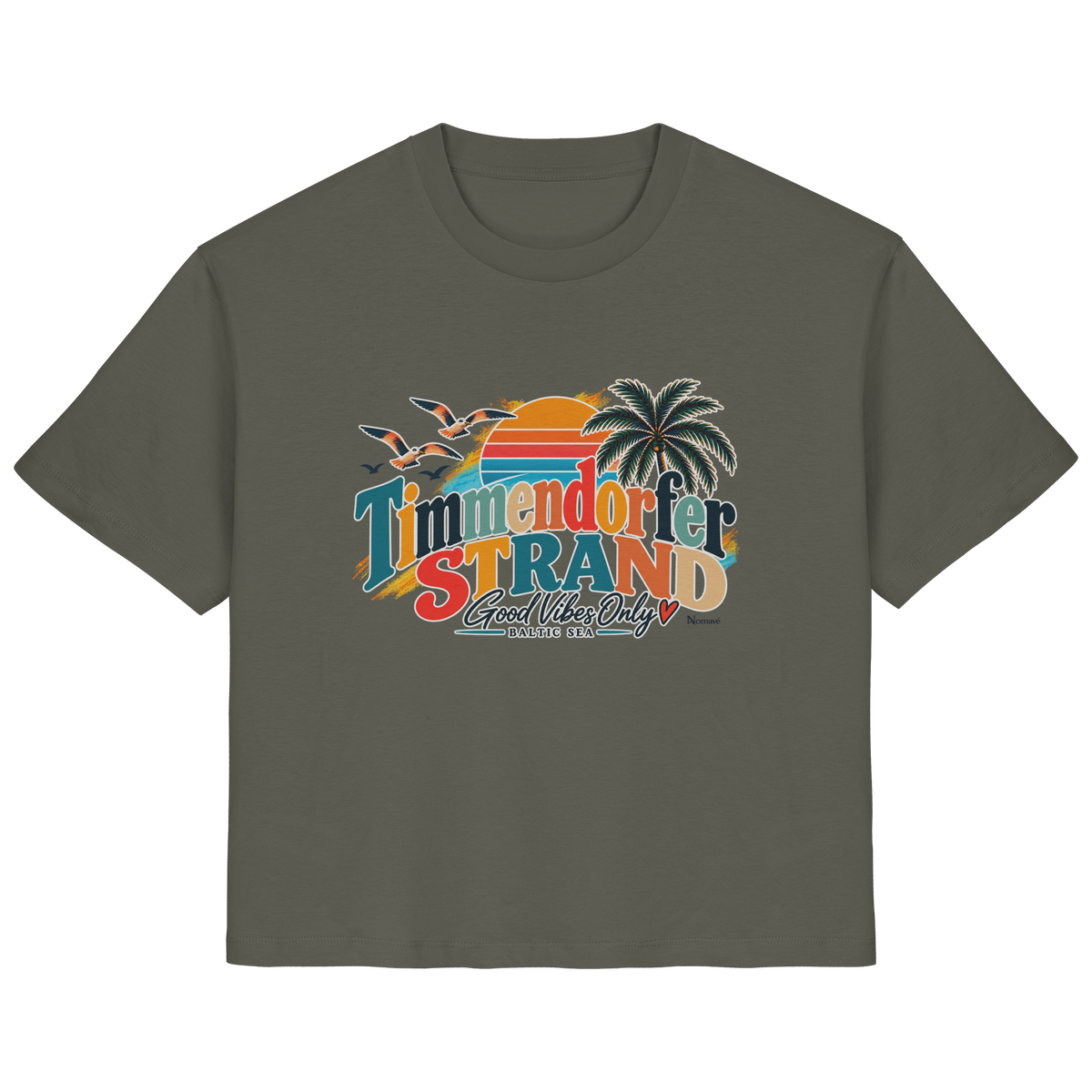 Damen-T-Shirt in Khaki mit Timmendorfer-Strand-Good-Vibes-Only-Frontprint, originales Shirtigo-Produktmockup.
