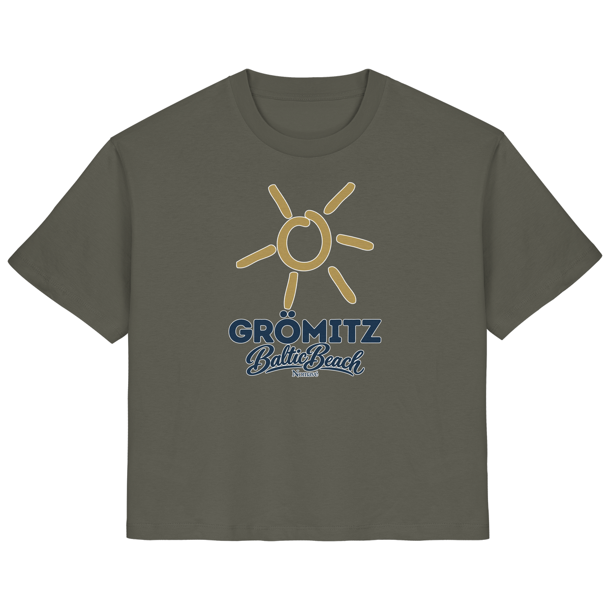 Damen Bio T-Shirt Grömitz Sonne Baltic Beach in Khaki – Frontdruck mit goldener Sonne, Shirtigo-Originalmockup 10
