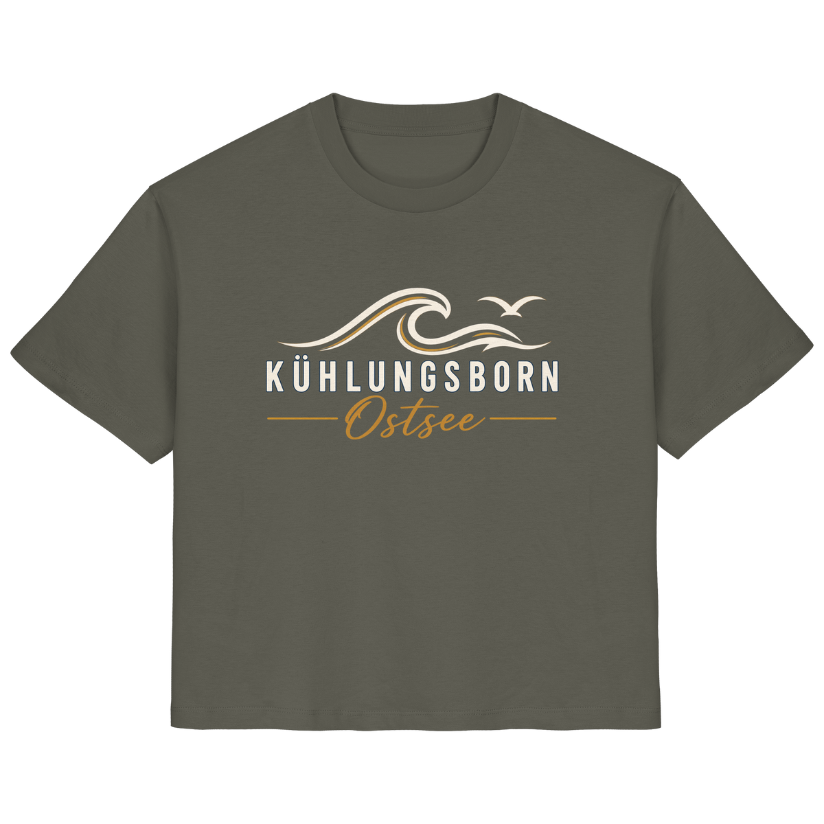Shirtigo-Originalmockup: Damen Bio-T-Shirt Kühlungsborn Baltic Waves, Dark Edition, Khaki, Vorderansicht mit Motiv.