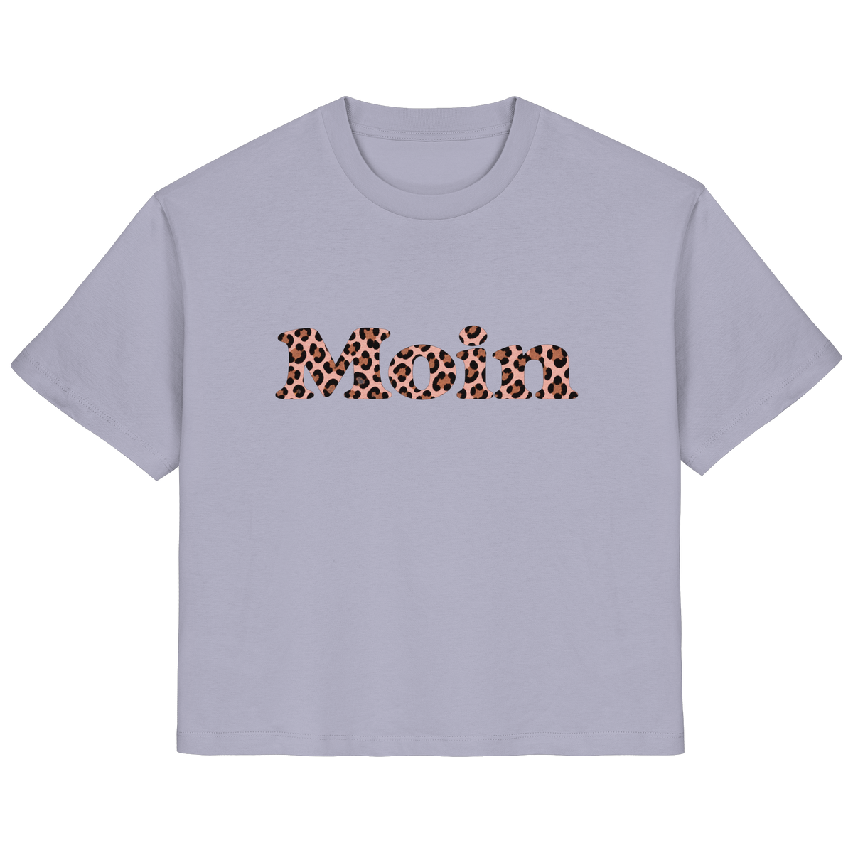 Damen-Bio-T-Shirt in Lavender mit Moin-Leo-Blush-Pink-Motiv auf der Vorderseite.