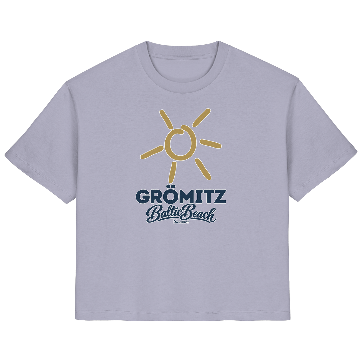 Damen Bio T-Shirt Grömitz Sonne Baltic Beach in Lavender – Frontdruck mit goldener Sonne, Shirtigo-Originalmockup 8
