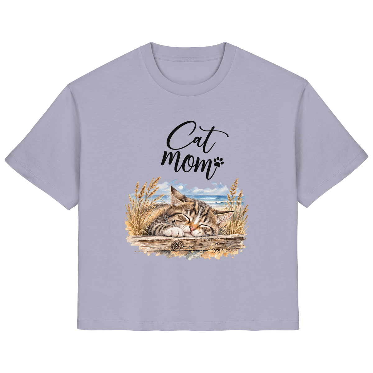 Damen Bio-T-Shirt in Lavender mit Cat-Mom-Katzenmotiv als Frontprint – Vorderansicht im Original-Mockup.