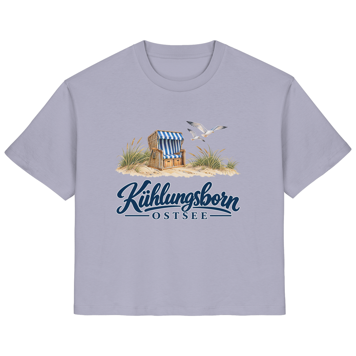 Damen Bio-T-Shirt Kühlungsborn – Strandkorb & Ostsee in Lavender, Shirtigo-Originalmockup der Vorderseite mit Strandkorbmotiv.