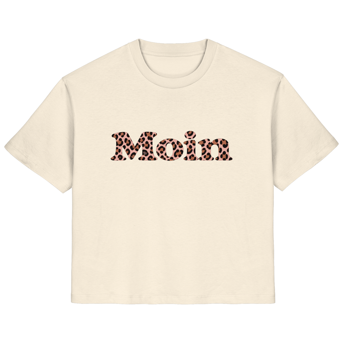 Damen-Bio-T-Shirt in Natural Raw mit Moin-Leo-Blush-Pink-Motiv auf der Vorderseite.