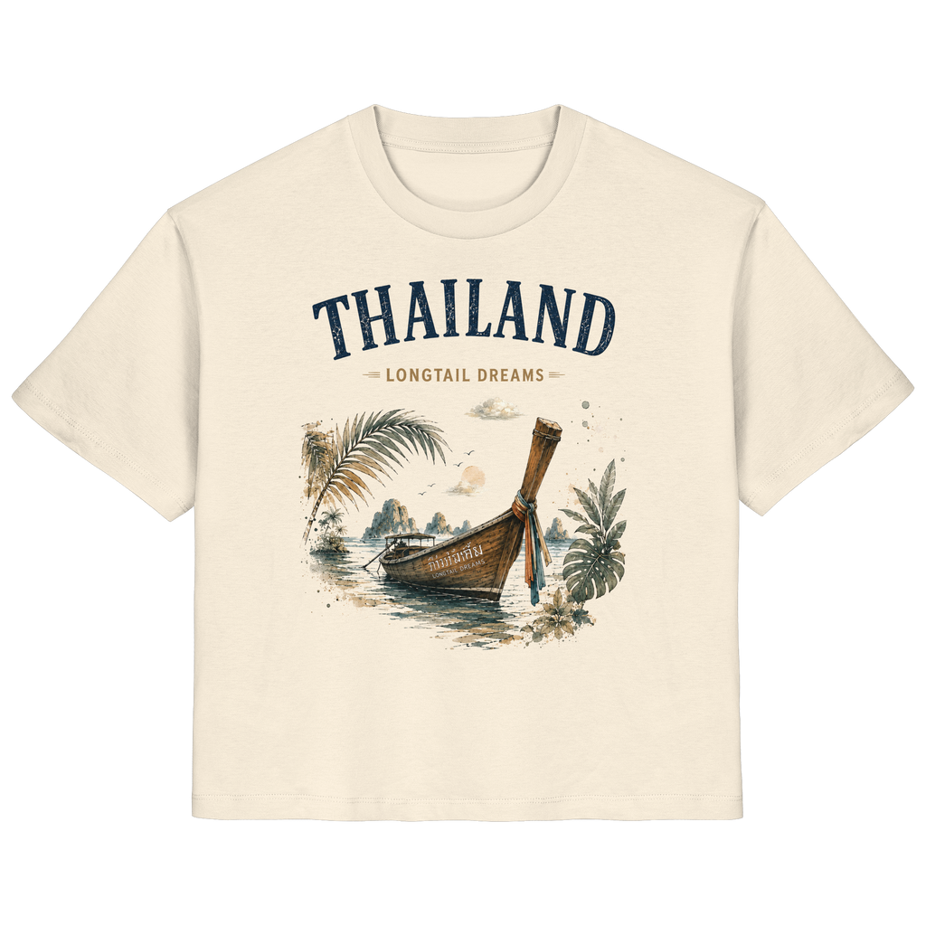 Naturfarbenes Thailand Longtail Dreams Damen Bio-T-Shirt mit Longtailboot-Motiv