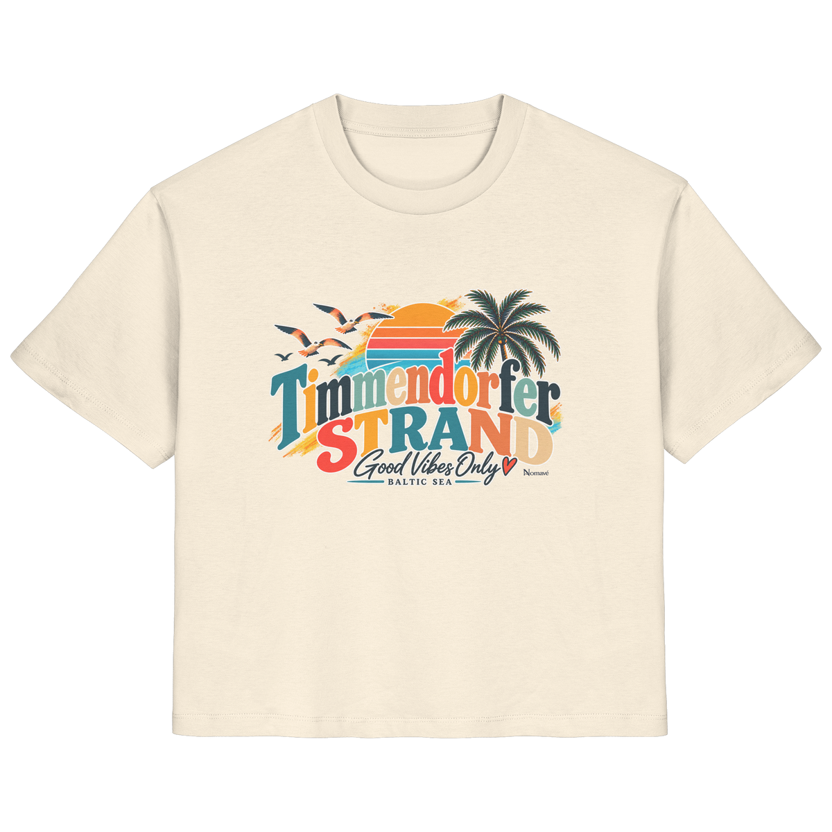 Damen-T-Shirt in Natural Raw mit Timmendorfer-Strand-Good-Vibes-Only-Frontprint, originales Shirtigo-Produktmockup.