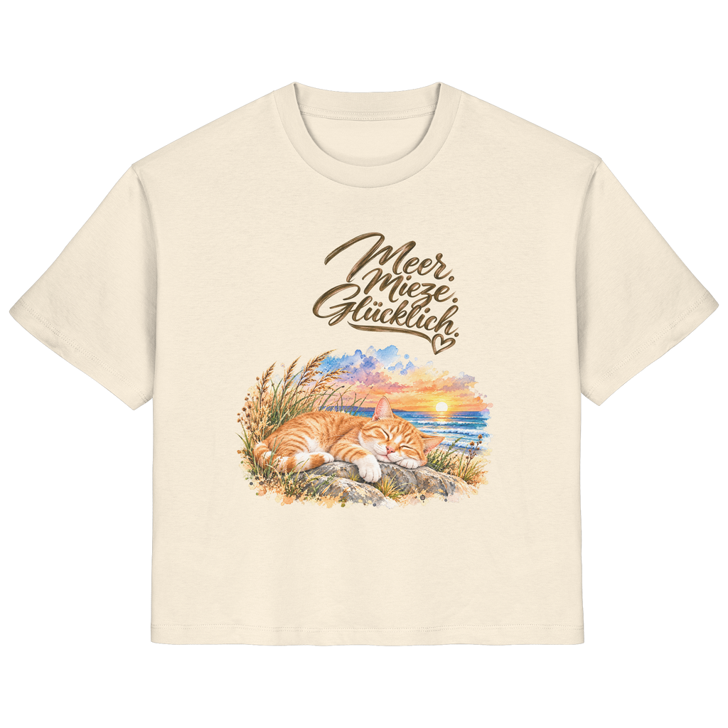 Original-Mockup: Damen-Bio-T-Shirt in Natural Raw mit Meer. Mieze. Glücklich.-Katzenmotiv auf der Vorderseite.