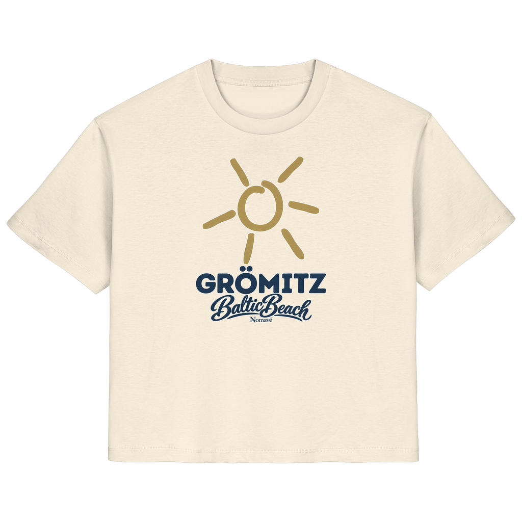 Damen Bio T-Shirt Grömitz Sonne Baltic Beach in Natural Raw – Frontdruck mit goldener Sonne, Shirtigo-Originalmockup 1