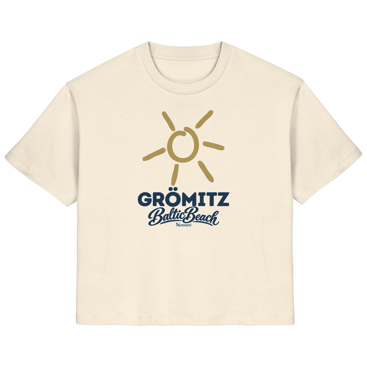 Damen Bio T-Shirt Grömitz Sonne Baltic Beach in Natural Raw – Frontdruck mit goldener Sonne, Shirtigo-Originalmockup 1