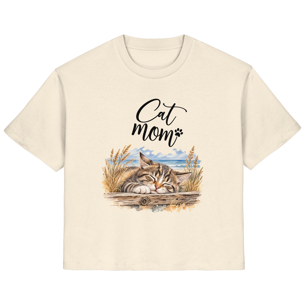 Damen Bio-T-Shirt in Natural Raw mit Cat-Mom-Katzenmotiv als Frontprint – Vorderansicht im Original-Mockup.
