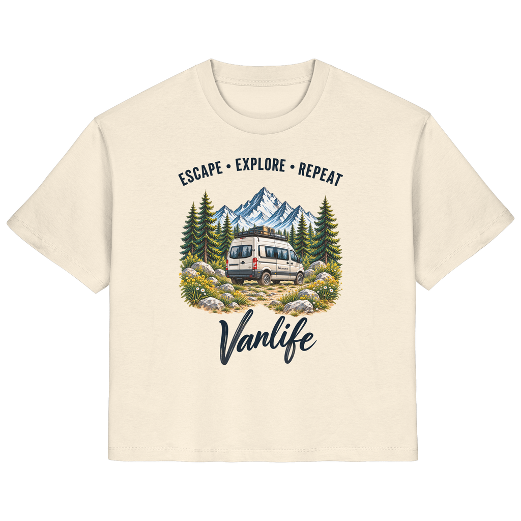 Damen Bio T-Shirt in Natural Raw mit Escape Explore Repeat Vanlife Motiv – Produktansicht mit Frontprint