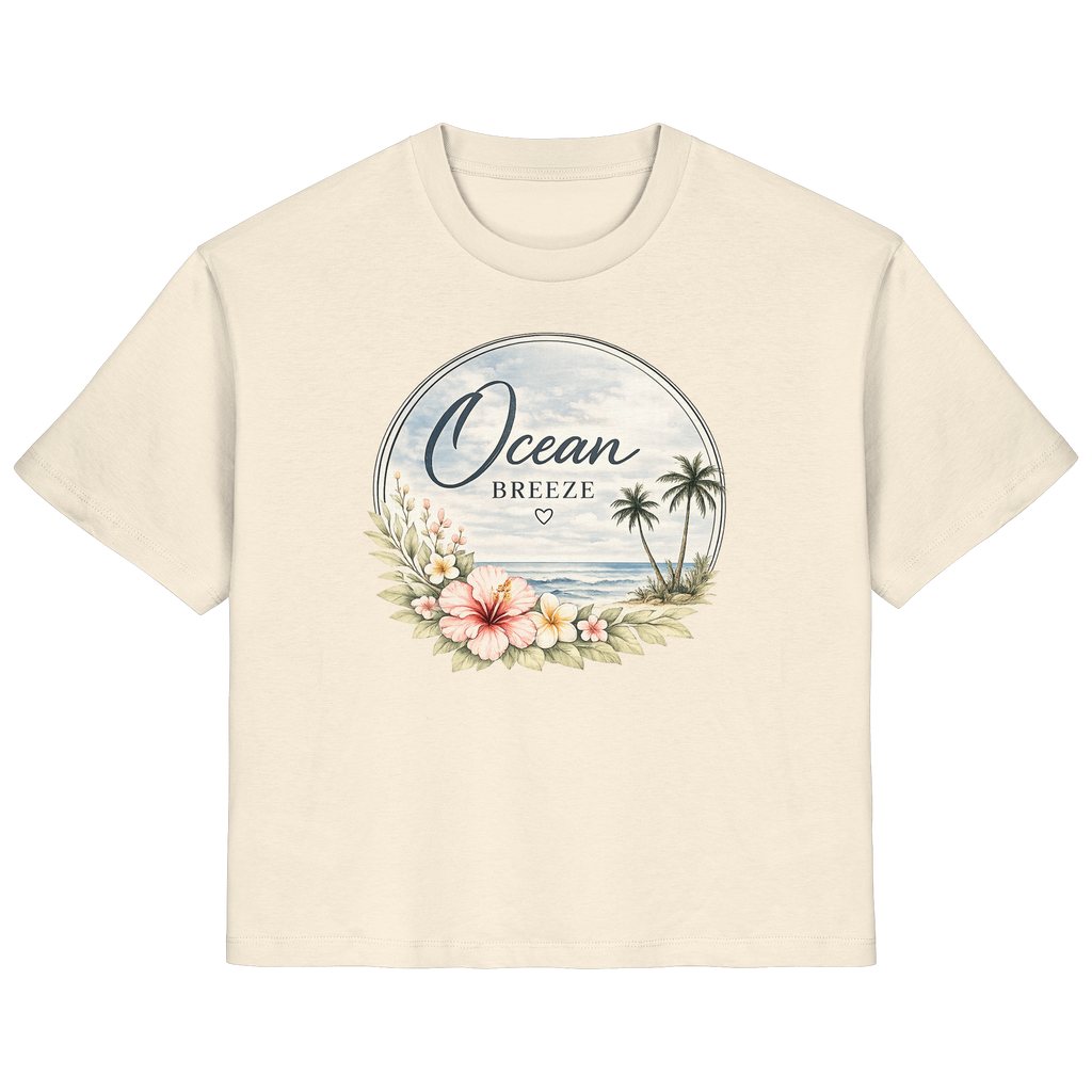 Ocean Breeze Damen Bio-T-Shirt in Natural Raw mit floralem Küstenmotiv als Frontprint – Originalmockup, Vorderansicht.