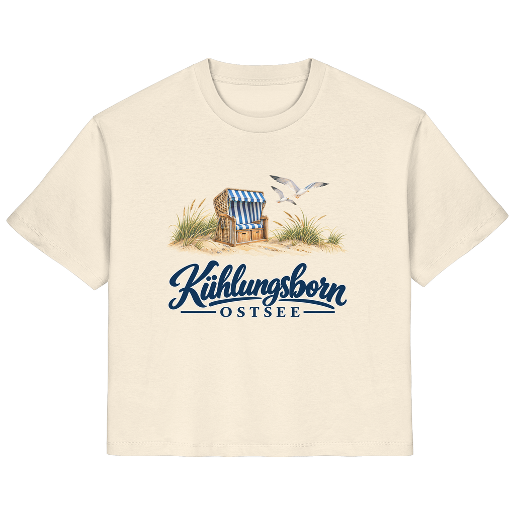 Damen Bio-T-Shirt Kühlungsborn – Strandkorb & Ostsee in Natural Raw, Shirtigo-Originalmockup der Vorderseite mit Strandkorbmotiv.