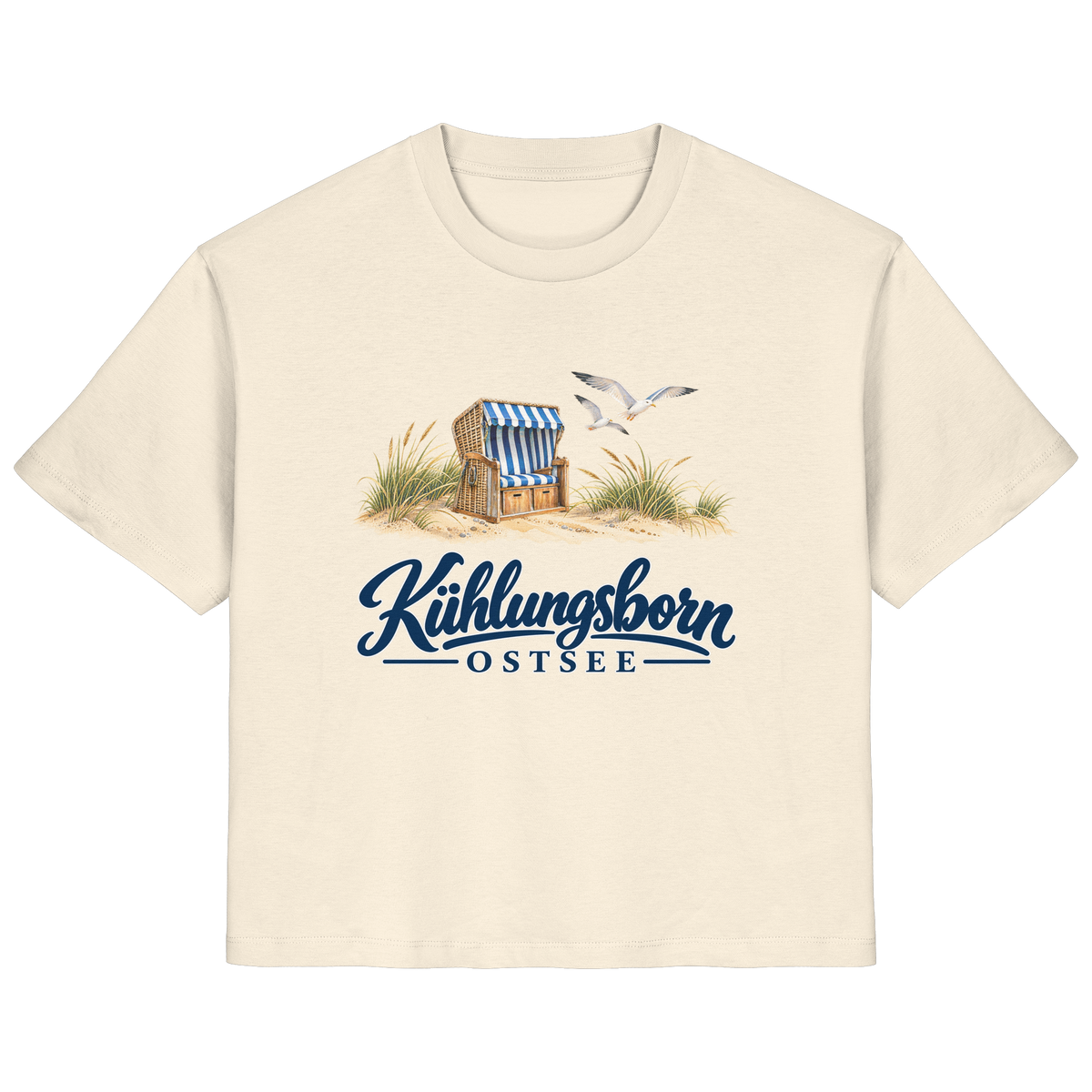 Damen Bio-T-Shirt Kühlungsborn – Strandkorb & Ostsee in Natural Raw, Shirtigo-Originalmockup der Vorderseite mit Strandkorbmotiv.