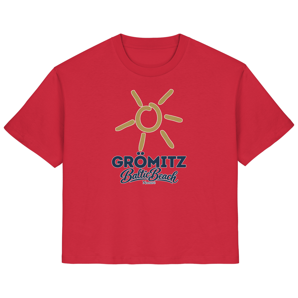 Damen Bio T-Shirt Grömitz Sonne Baltic Beach in Red – Frontdruck mit goldener Sonne, Shirtigo-Originalmockup 14
