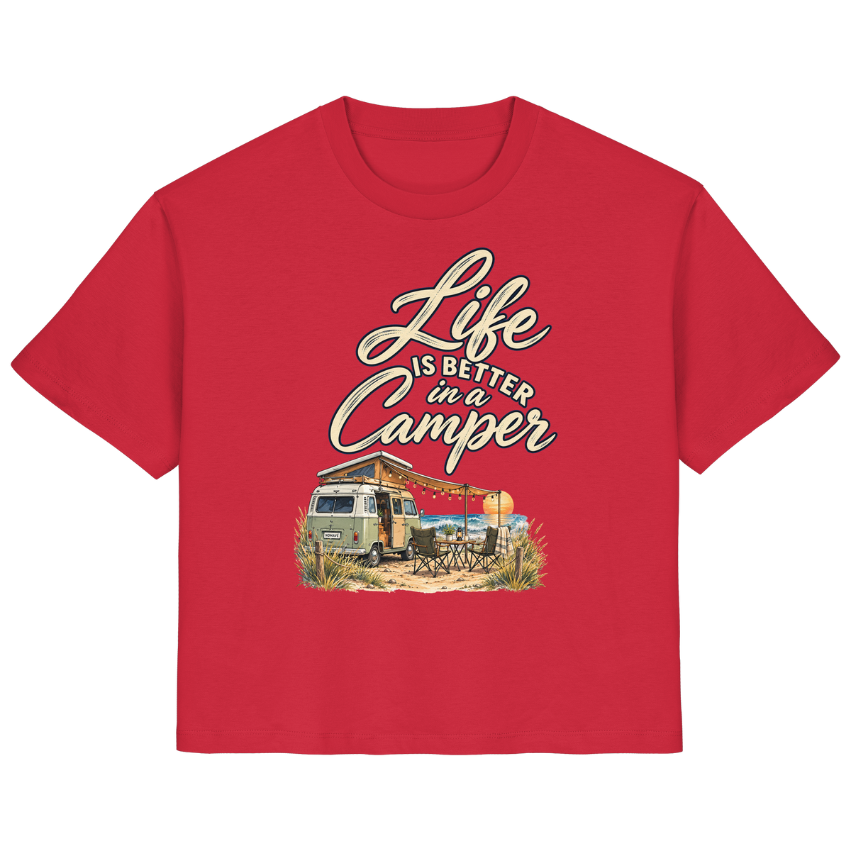 Damen Bio Shirt in Red mit „Life is better in a Camper“-Motiv – Vorderansicht für Vanlife- und Campingfans