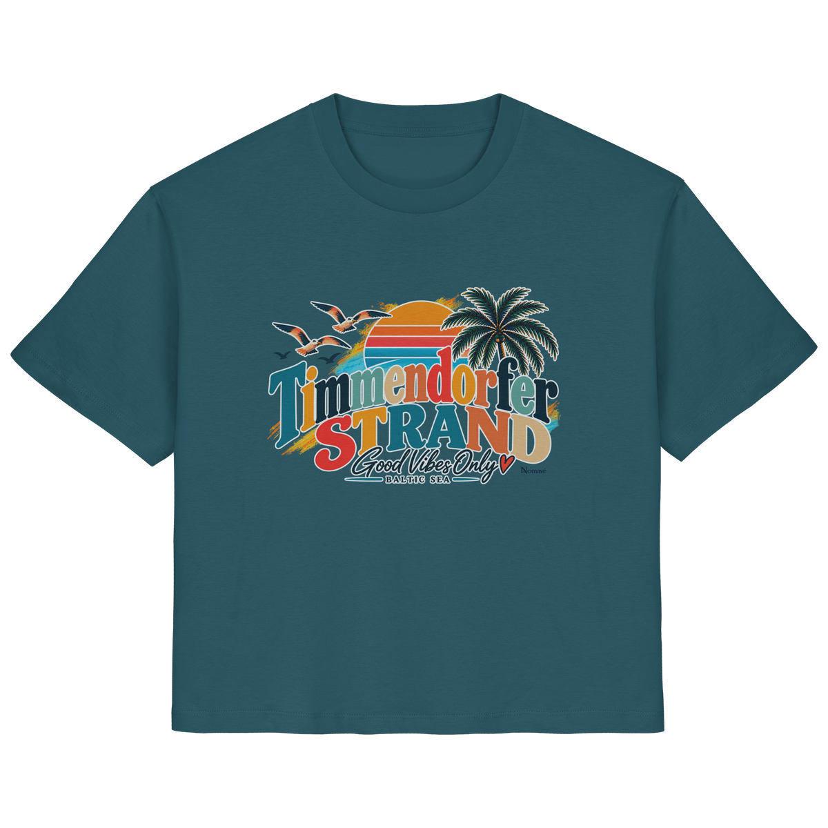 Damen-T-Shirt in Stargazer mit Timmendorfer-Strand-Good-Vibes-Only-Frontprint, originales Shirtigo-Produktmockup.