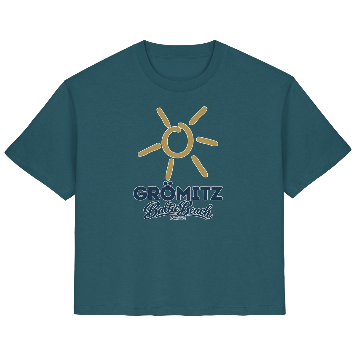 Damen Bio T-Shirt Grömitz Sonne Baltic Beach in Stargazer – Frontdruck mit goldener Sonne, Shirtigo-Originalmockup 11