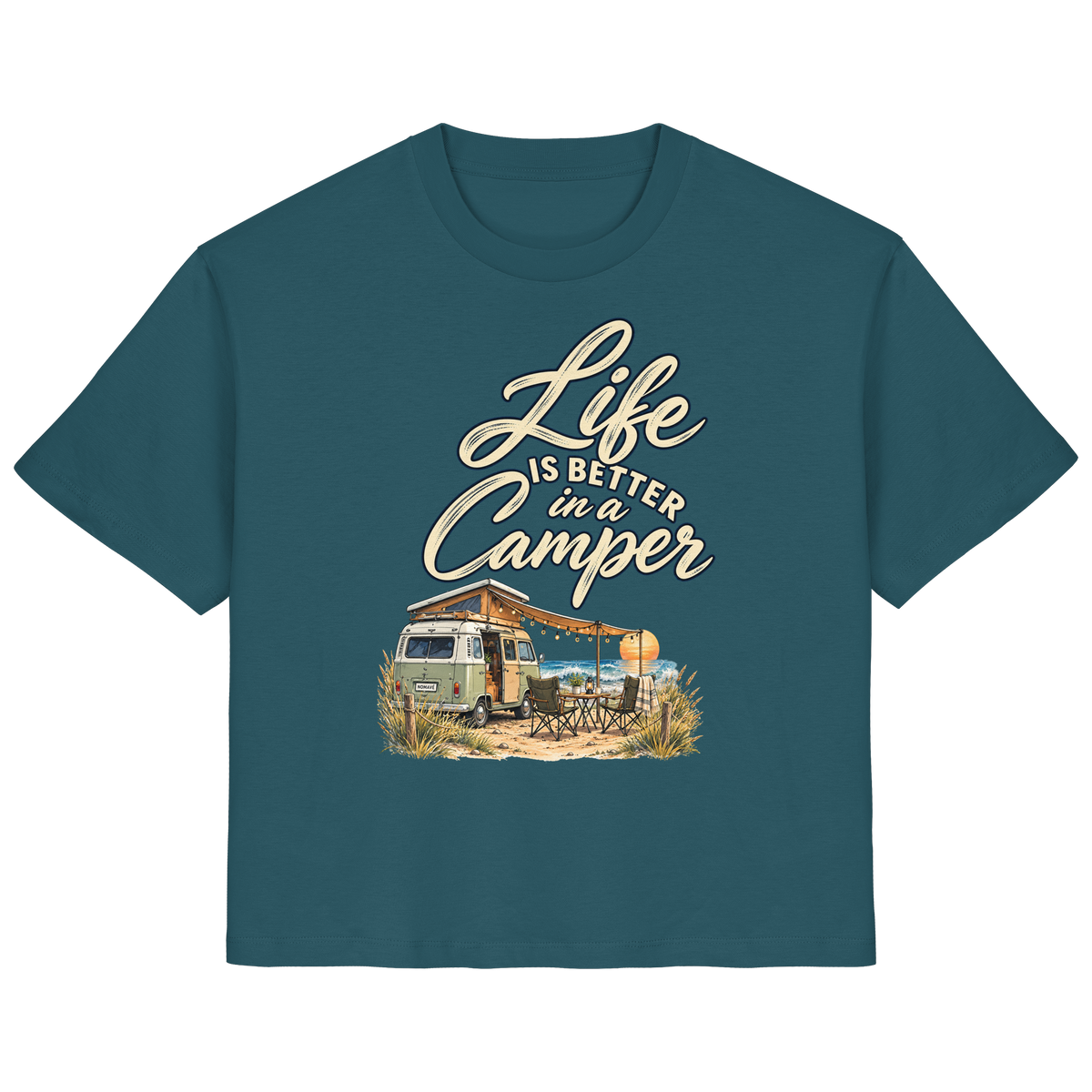 Damen Bio Shirt in Stargazer mit „Life is better in a Camper“-Motiv – Vorderansicht für Vanlife- und Campingfans
