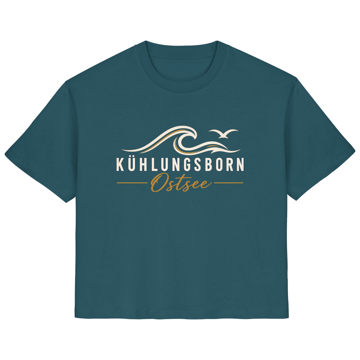Shirtigo-Originalmockup: Damen Bio-T-Shirt Kühlungsborn Baltic Waves, Dark Edition, Stargazer, Vorderansicht mit Motiv.